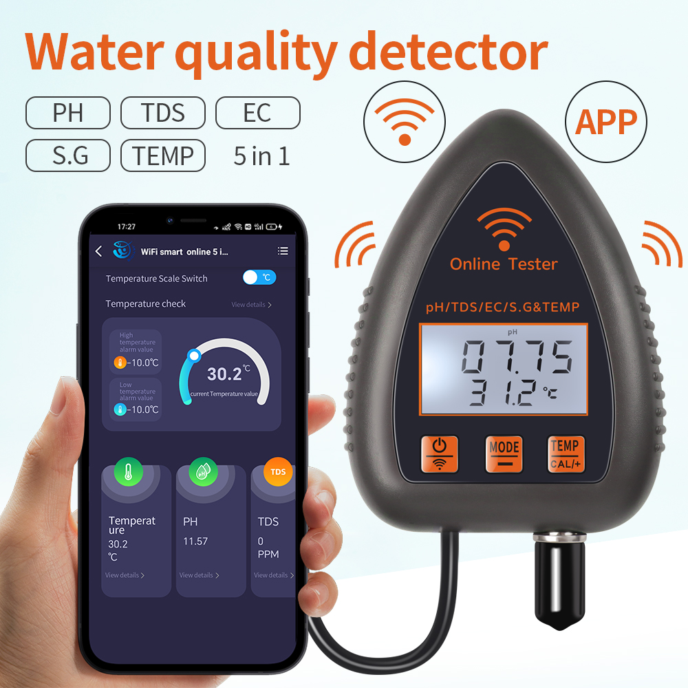Marine Aquarium Par Meter - Tuya WiFi 5-in-1 TDS/EC/SALT/S.G./TEMP PH-Messgerät Bluetooth